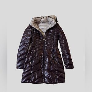 Laundry Shiny Black Puffer Coat with Hood, Burgundy/Silver, Size S